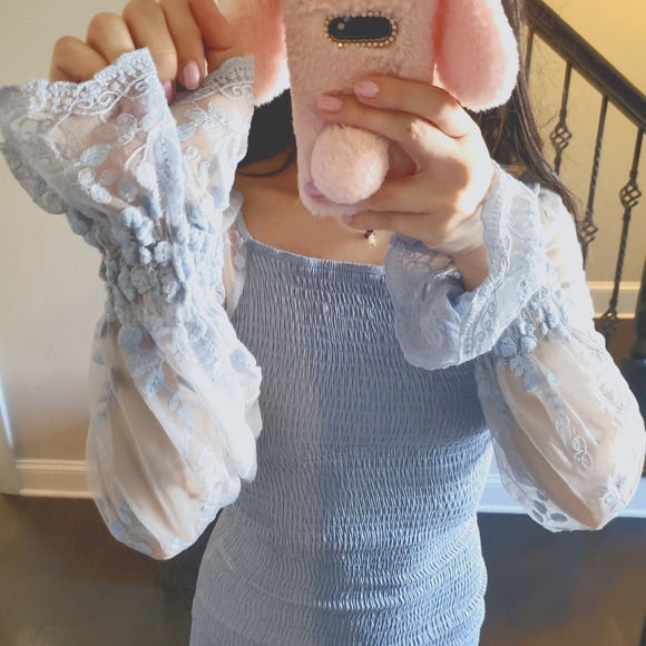 Shein light blue bodycon mesh floral long sleeve spandex dress Small - Picture 6 of 12